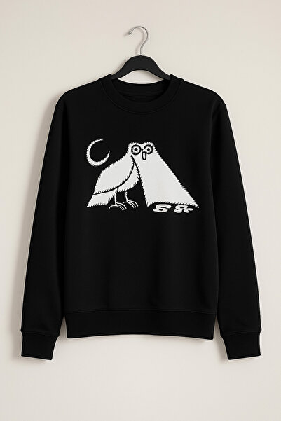 YusGos Unisex Men/Women High Quality Owl Embroidered Cotton Hooded Crew Neck Black Sweatshirt