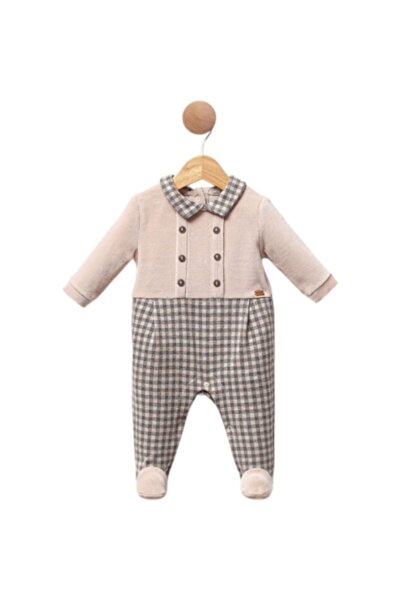 Cassiope Baby Boy Velvet Collar Plaid Patterned Jumpsuit – Long Sleeves, Booties, Winter