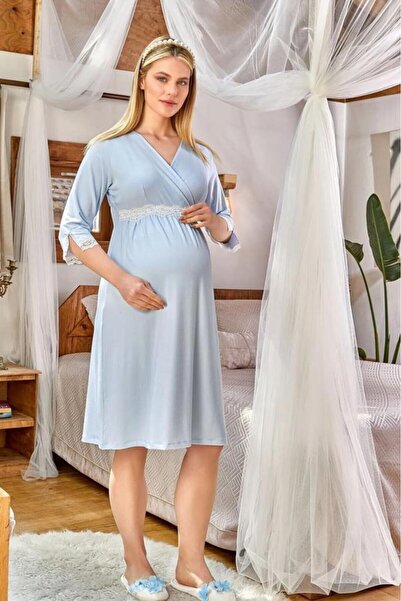 Aqua Cossy by 24177 Mavi Kruvaze Yaka Dirsek Kol Lohusa Gecelik