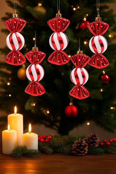 Fillikutum 5’li Şeker Şeklinde Yılbaşı Süsü 9 cm | Kırmızı Beyaz Çam Ağacı Dekoru Seti Şeker Süs