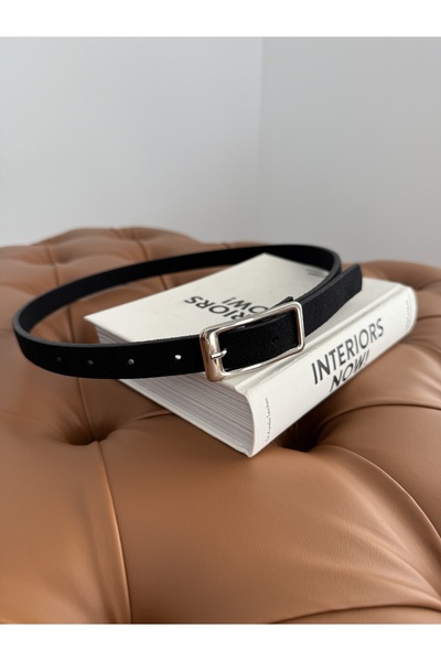 coaksco Curea neagră din piele intoarsa cu catarama dreptunghiulara argintie ...