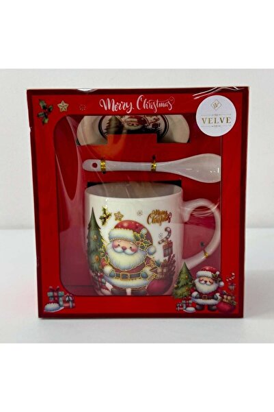 velve Set cana ceramica, farfurie si lingurita, Merry Christmas Santa, ambalata in cutie cu fereastra