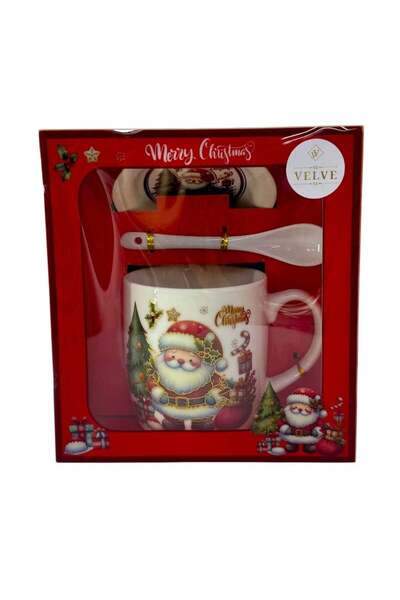 velve Set cana ceramica, farfurie si lingurita, Merry Christmas Santa, ambalata in cutie cu fereastra