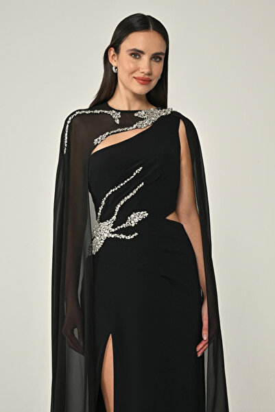 ALFABETA KADIN ABİYE PELERİN DETAYLI ŞIK TAŞ İŞLEMELİ YIRTMAÇLI ŞIK ELBİSE