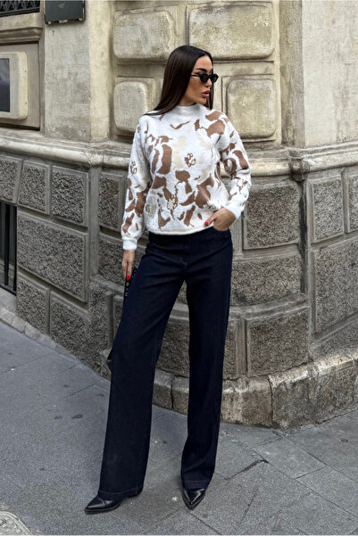 Fav Style Pulover tricotat cu model guler ridicat pentru femei, crem