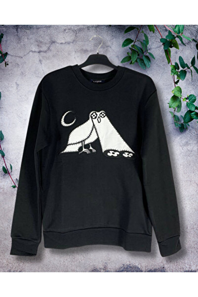 YusGos Unisex Men/Women High Quality Owl Embroidered Cotton Hooded Crew Neck Black Sweatshirt