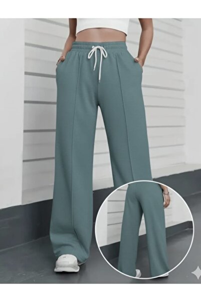 Green Hill Sweatpants with Front Seam Detail piped Wide Leg
