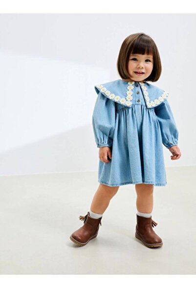 Alvadonna KIZ ÇOCUK BEBE YAKA KOT ELBİSE