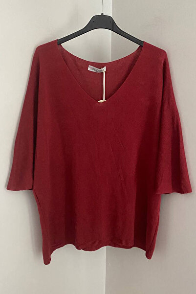 AYASOFYA OTANTIK Women's Italian Cherry Rot V-Neck Solid Pattern Three-Quarter Sleeve Loose Knitwear Blouse
