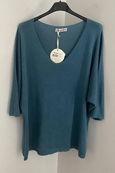 AYASOFYA OTANTIK Γυναικεία ιταλική γαλάζια μπλούζα με λαιμόκοψη σε σχήμα V με ίσιο σχέδιο με τριών τέταρτων μανίκια φαρδιά πλεκτή μπλούζα