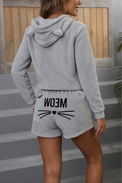 magic special Kadın Uzun Kollu Kapşonlu Peluş Bluz Ve Kısa Short Ikili Takım