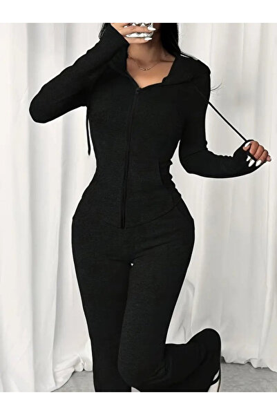 JANES Women's Long Sleeve Hooded Lace-Up Front Zipper Viscose Two Thread Blouse and Pants Two-Piece Set