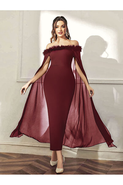 lidofya Peluş Degajeli Pelerinli Uzun Gece Elbisesi