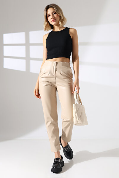 lubiti Pens Detailled Leather Pants Beige