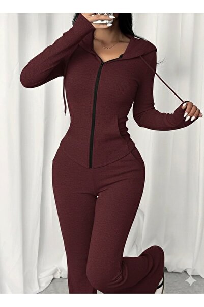 JANES Women's Long Sleeve Hooded Lace-Up Front Zipper Viscose Two Thread Blouse and Pants Two-Piece Set