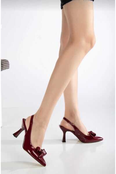 oliviashoes Women's Burgundy Patent Leather Bow Detailed Open Back Thin Heeled Shoes