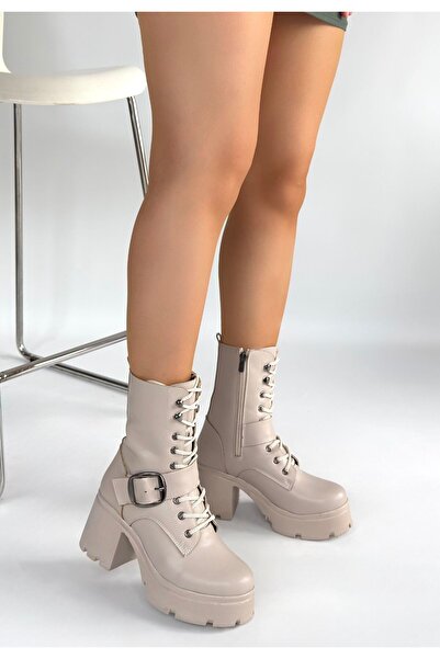 Optimum Trade Linma Beige Leather Lace-Up Heeled Boots - Lisinya