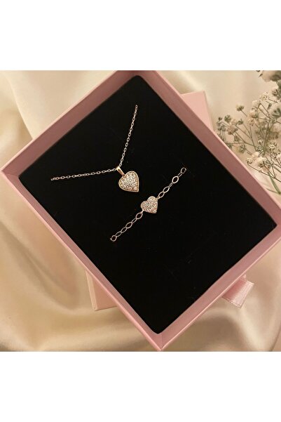 Lovera Jewellery 925 Ayar Gümüş Rose Kalpli Kadın Set (Kolye, Bileklik) Zarif...