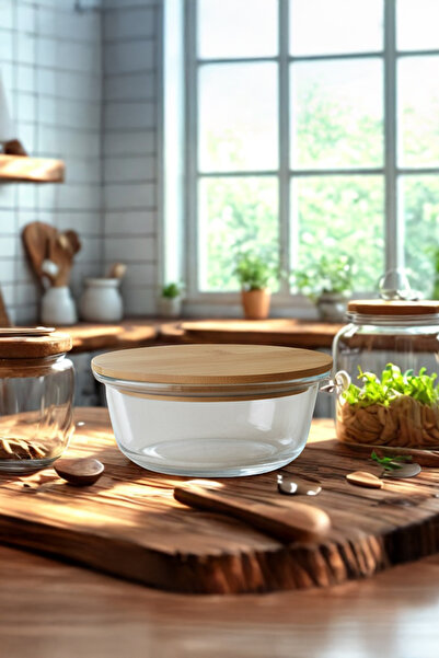 Home Selora Glass Bamboo Vacuum Storage Container with Lid 620 ml