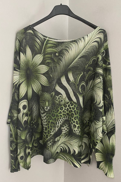 AYASOFYA OTANTIK Women's Italian Khaki Green Glitter Panther Patterned Bat Sleeve Mercerized Blouse Sweater