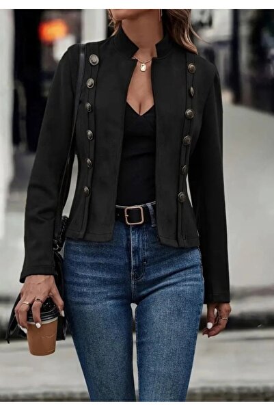 babatr.com Women's Long Sleeve High Collar Short Suede Jacket with Buttons on the Sides