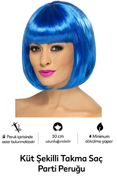 Tamsena Store 30 Cm Küt Şekilli Takma Saç Mavi Renk Parti Peruğu