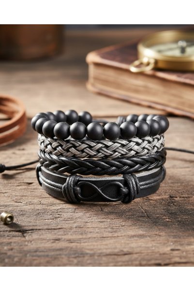 E&F Takı 4-Piece Infinity Black Figured Genuine Leather Bracelet Men's Leather Bracelet