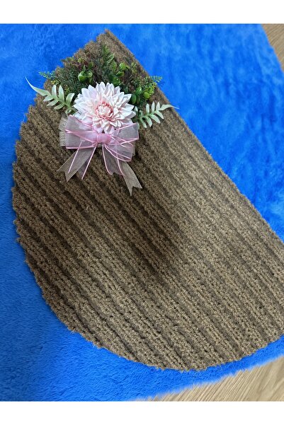 Marrone Pembe Yıldız Çiçekli Oval Kahverengi Kaymaz Kapı Önü Paspası