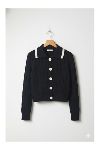 Namaste Vintage Black Color Hair Braid Pattern Buttoned Cardigan