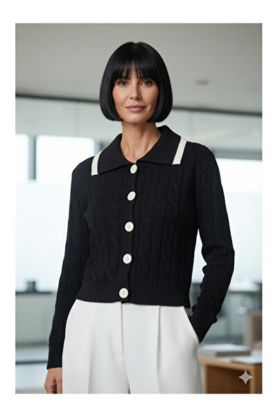 Namaste Vintage Black Color Hair Braid Pattern Buttoned Cardigan