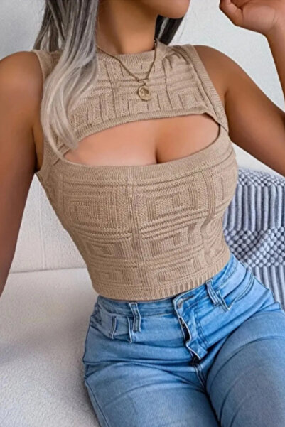 ESSFASIHON Bluză crop din tricot cu decolteu Güpüs