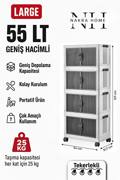 NAKRA HOME Katlanabilir 4 Katlı Tekerlekli Plastik Dolap – Çok Amaçlı Portatif Organizer (Geniş Hacim) “Beyaz”
