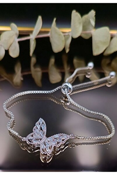 Xido Gümüş Renk Asansör Zincir Kelebek Zirkon Taşlı Çelik Bileklik, sevgiliye...