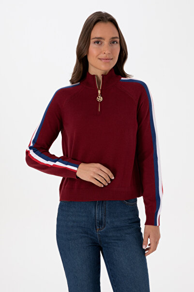 U.S. Polo Assn. Kadın Bordo V Yaka Fermuarlı Kazak 50314691-VR014