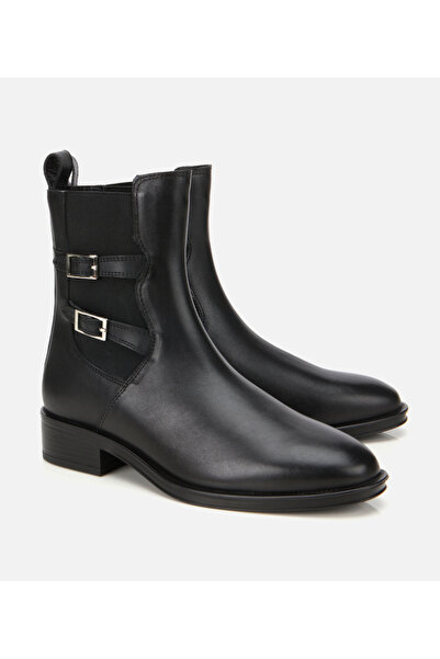 Hotiç Kadın Deri Siyah Tokalı Lastik Detaylı Düz Bot