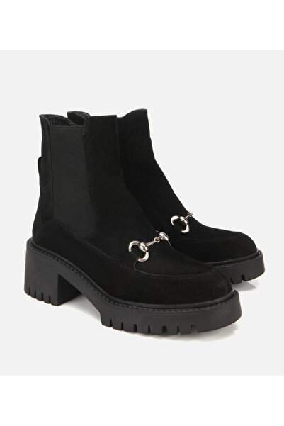 Hotiç Kadın Süet Deri Siyah Tokalı Kalın Tabanlı Topuklu Bot