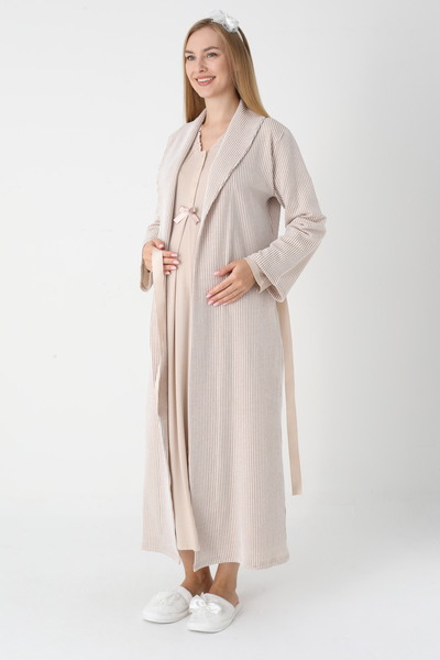 Lohussa Kadın Bej Jakarlı Şal Yaka Tam Boy Kışlık Uzun Kol Özel Tasarım Lohusa Hamile Sabahlık Gecelik Seti