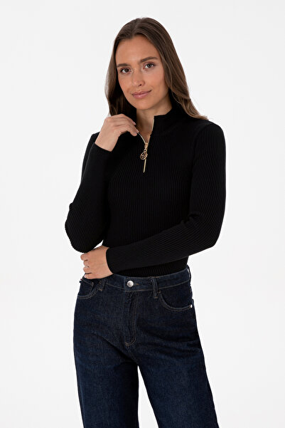 U.S. Polo Assn. Kadın Siyah V Yaka Fermuarlı Kazak 50316869-VR046