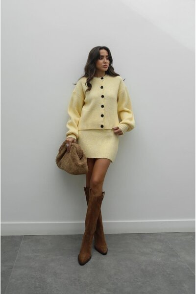 Havoş Yellow Crumpled Skirt Cardigan Set