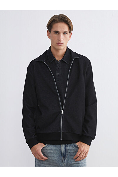 LC Waikiki Black Standard Fit Polo Neck Men's Zippered Sweatshirt