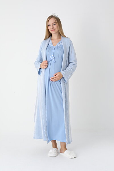 Lohussa Kadın Mavi Jakarlı Şal Yaka Tam Boy Kışlık Uzun Kol Özel Tasarım Lohusa Hamile Sabahlık Gecelik Set