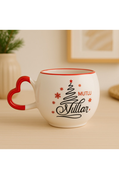 İZart Heart Handle Happy New Year Patterned, Entirely Handmade Ceramic Mug