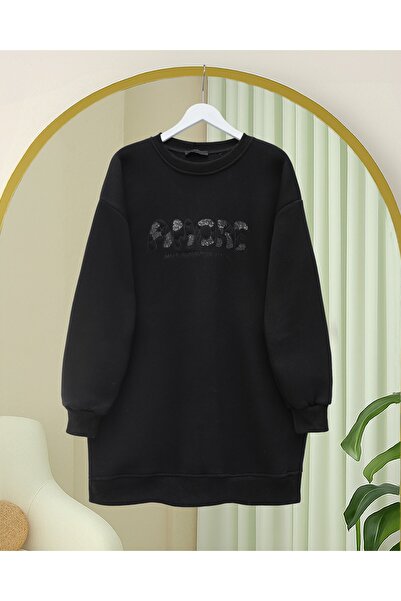 Modamorfo Three Thread Sweater with Sequin Detail and Script on the Front - Black