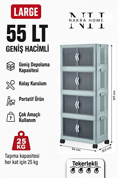 NAKRA HOME Katlanabilir 4 Katlı Tekerlekli Plastik Dolap – Çok Amaçlı Portati...