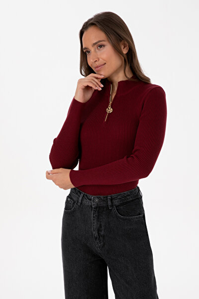 U.S. Polo Assn. Kadın Bordo V Yaka Fermuarlı Kazak 50316869-VR014