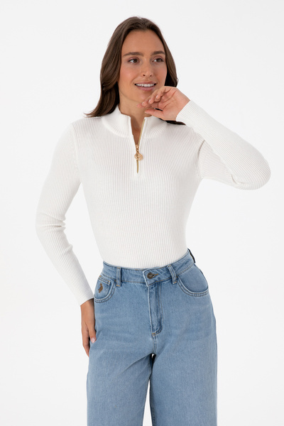 U.S. Polo Assn. Women's Ecru V-Neck Zippered Sweater 50316869-VR019