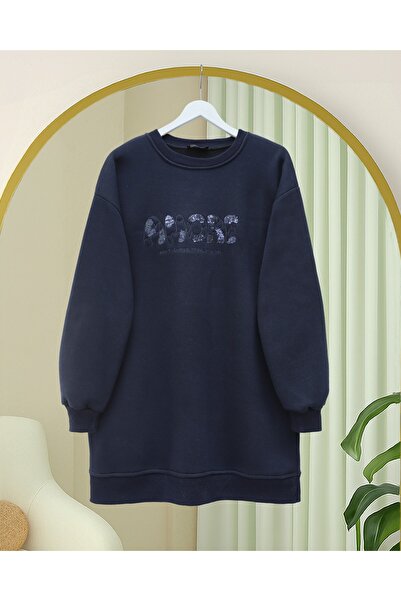 Modamorfo Three Thread Sweater with Sequin Detail and Written Front - Navy Blue