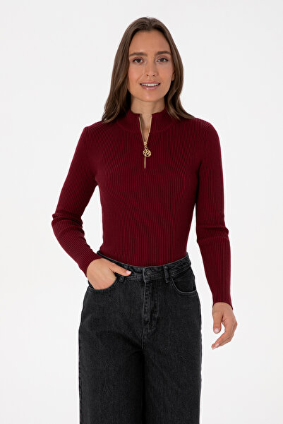 U.S. Polo Assn. Kadın Bordo V Yaka Fermuarlı Kazak 50316869-VR014