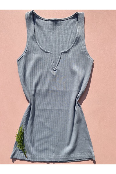 LEYNA BUTİK Cotton Ribbed Knit Thick Straps Low-Cut Lined V-Neck White, Black, Blue, Powder Women's Undershirt/T-Shirt