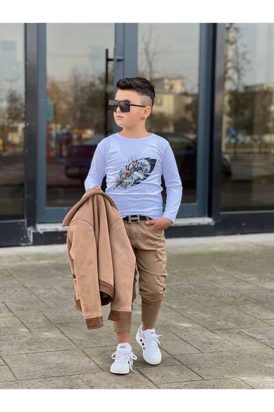 KINGDOM KIDS Erkek Çocuk Kışlık 3’lü Takım (Süet Ceket + Baskılı Tişört + Keten Pantolon)